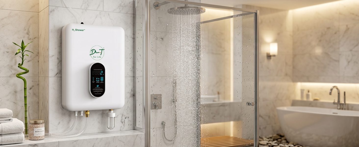 Close-up of the H2 Shower unit on a marble wall