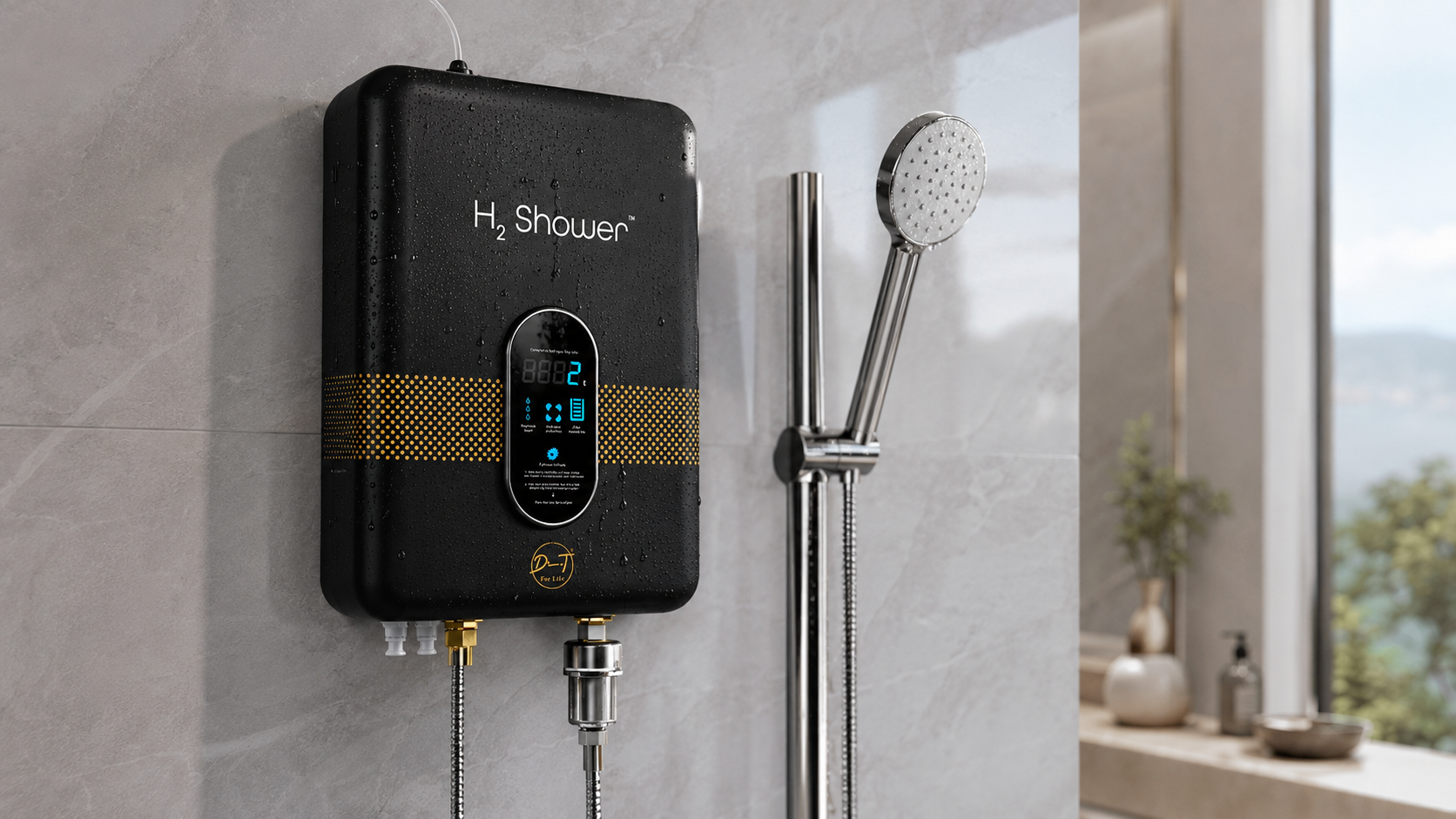 Close-up of the H2 Shower unit on a marble wall