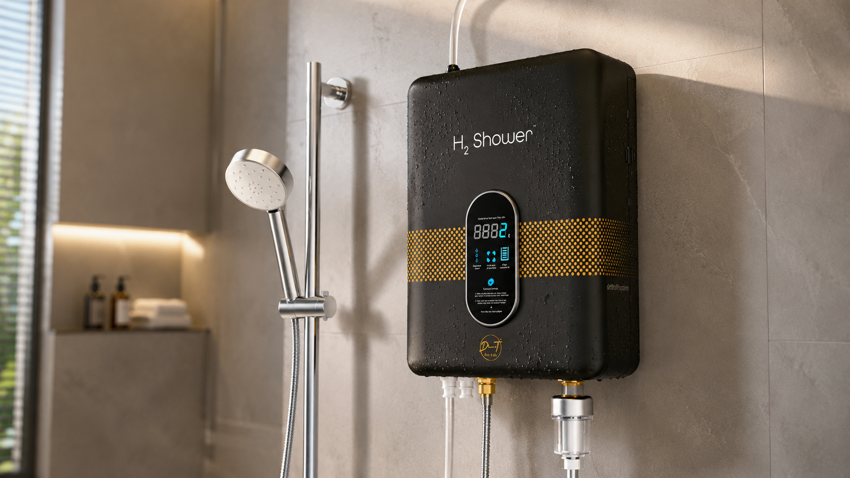 H2 Shower molecular hydrogen unit installed in a marble bathroom