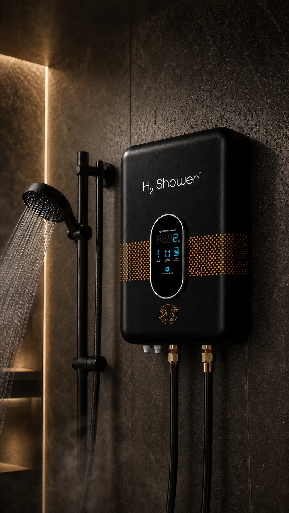 Woman enjoying a refreshed complexion after a hydrogen shower
