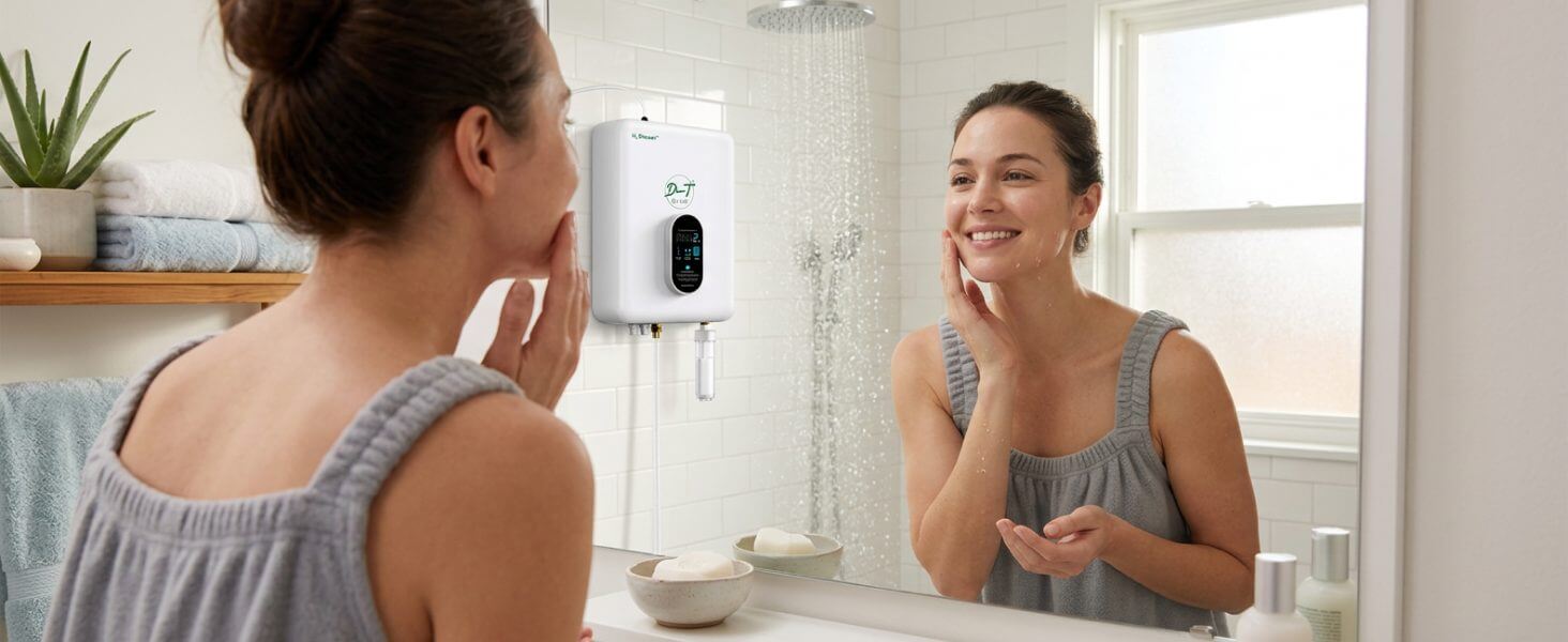 Woman in a robe relaxing beside her H2 Shower