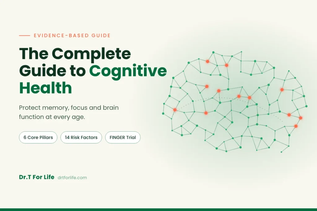 Here’s the alt text for the on-brand version: Green brain neural network illustration with the title The Complete Guide to Cognitive Health by Dr.T For Life