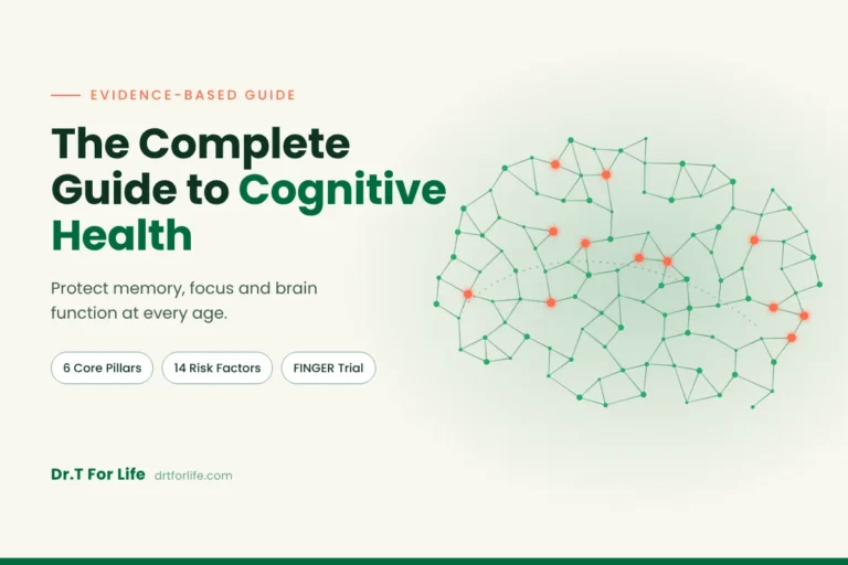 Here’s the alt text for the on-brand version: Green brain neural network illustration with the title The Complete Guide to Cognitive Health by Dr.T For Life
